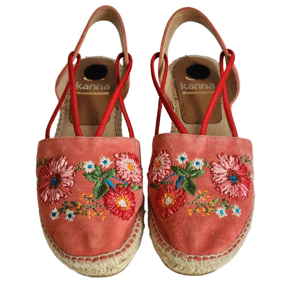 KANNA‎ Coral Red Floral Embroidered Espadrilles Size 39 8.5